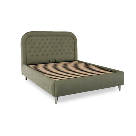 Modern slatted bed with upholstered headboard and storage