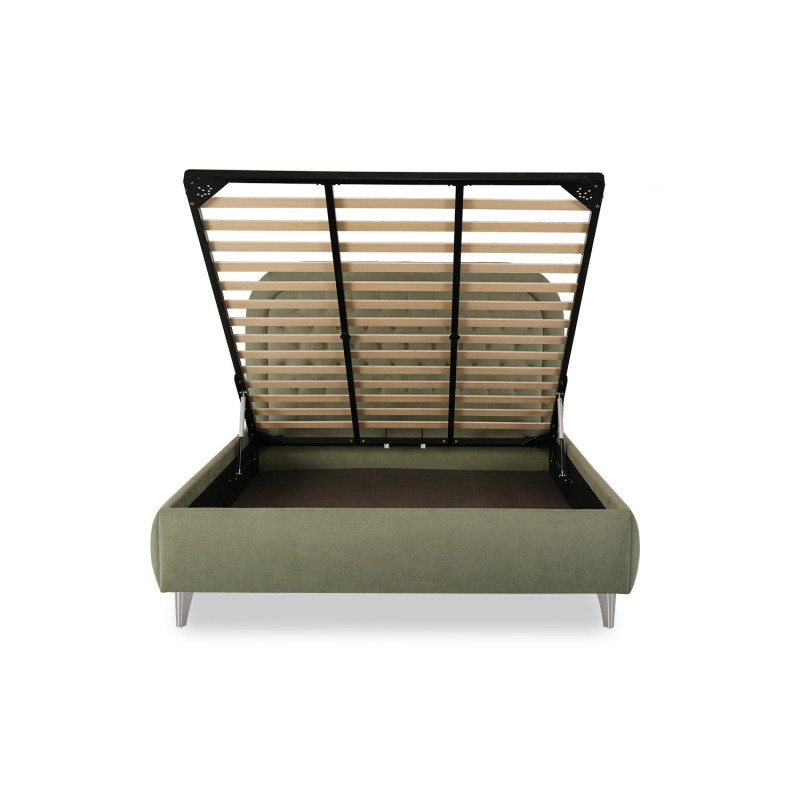 Modern slatted bed with upholstered headboard and storage