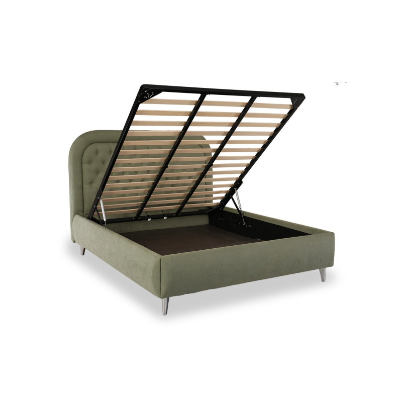 Modern slatted bed with upholstered headboard and storage