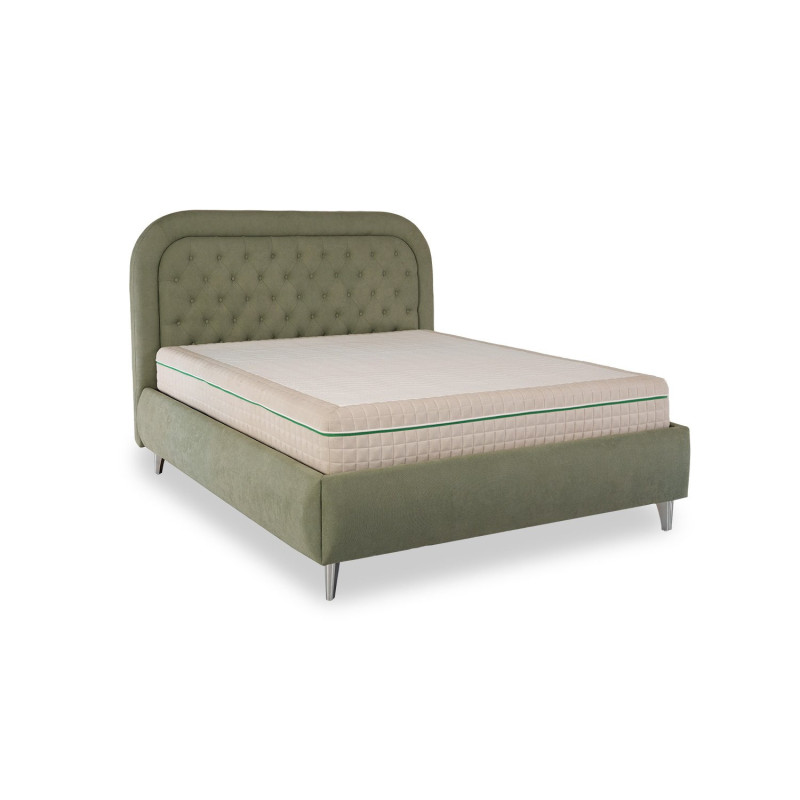 Modern slatted bed with upholstered headboard and storage