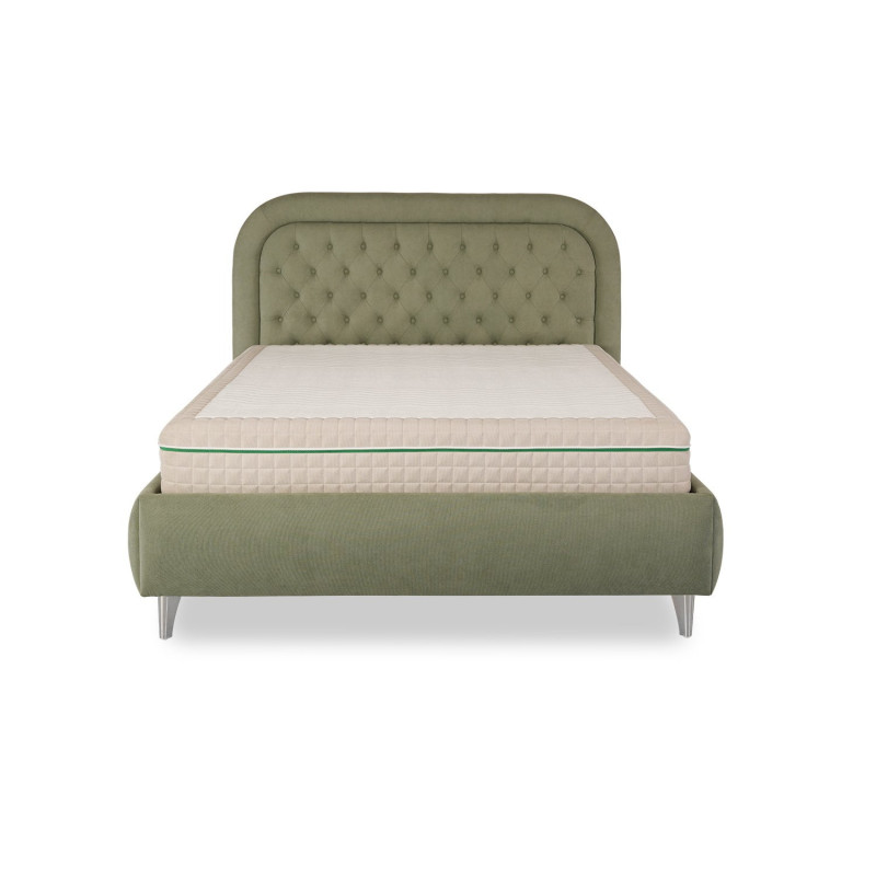 Modern slatted bed with upholstered headboard and storage