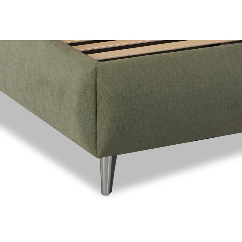 Modern slatted bed with upholstered headboard and storage